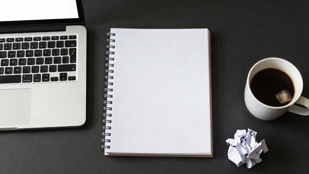 Blank notebook and laptop screen depicting writers block