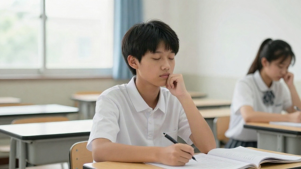 Student practicing calm breathing before exam in hall