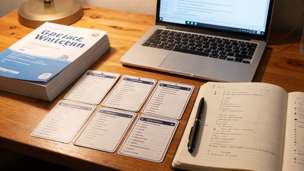 GRE vocabulary flashcards and test prep materials on desk