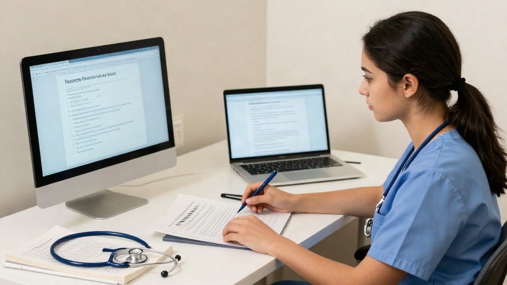 Nursing student studying for NCLEX exam at computer