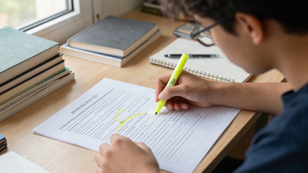 Student reviewing their own work with checklist and highlighter