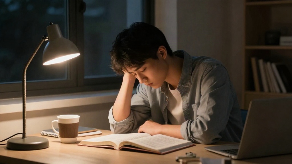 Tired student studying late at night with desk lamp